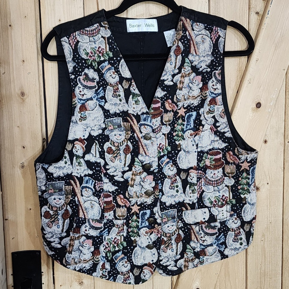 Baxter Wells Snowman Tapestry Vest Womens Medium Black Christmas Holiday Vintage